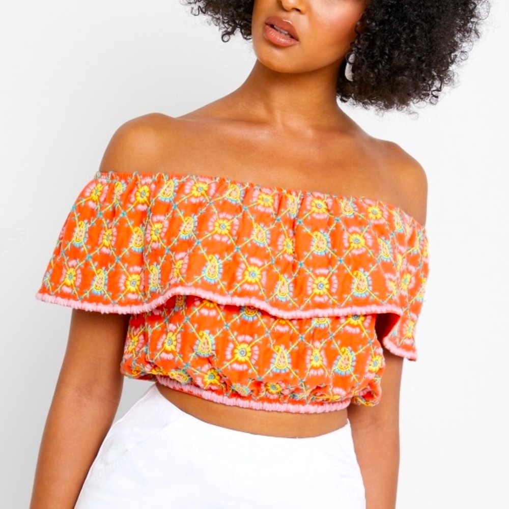Topshop Fully Embroidered Orange Crop Top Off the Shoulder Ruffle Blouse Size 6
